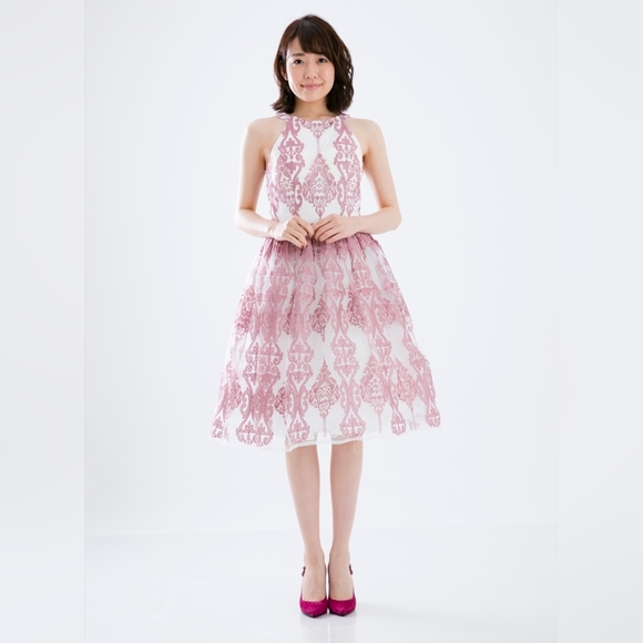 Chi Chi London NEW Pink Halter Dress Tulle Embroidered Overlay Damask Size 16 - Picture 16 of 16